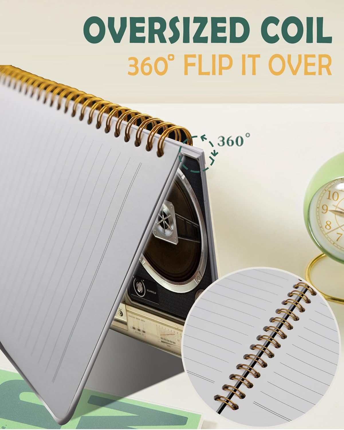 Ruled Spiral Writing Notebook,A5 Hardcover Lined College Journal for Women Lady,Fashion Puppy Watercolor Strong Twin-Wire Binding with Premium Paper,8.4" X 6",Perfect for School,Office,Home Gifts(Tape Recorder Vintage)