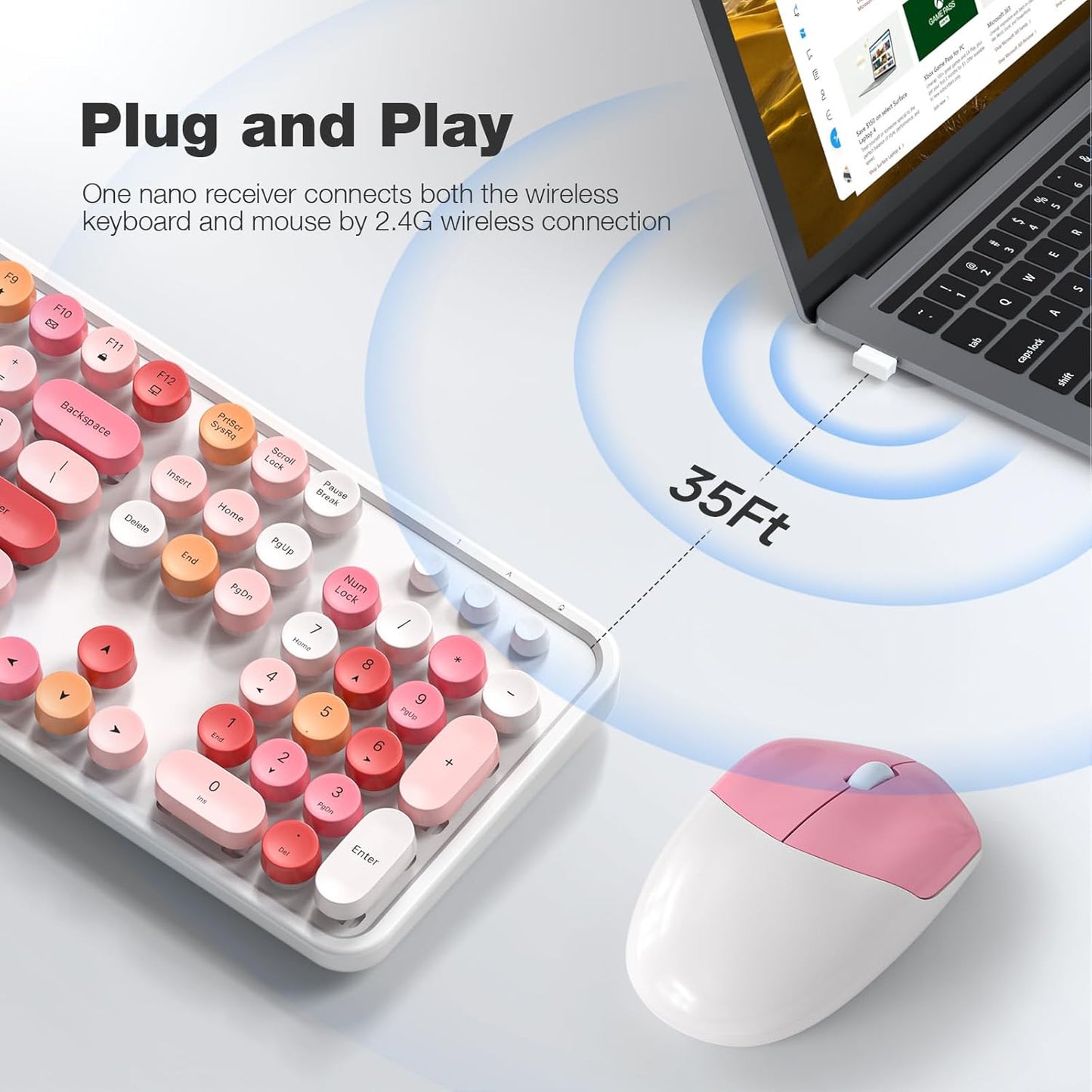 Wireless Keyboard and Mouse Combo, MOWUX Full Size Typewriter Retro Round Computer Keyboard, Mouse Wireless, Plug and Play, for Laptop, PC, Computer- White Colorful
