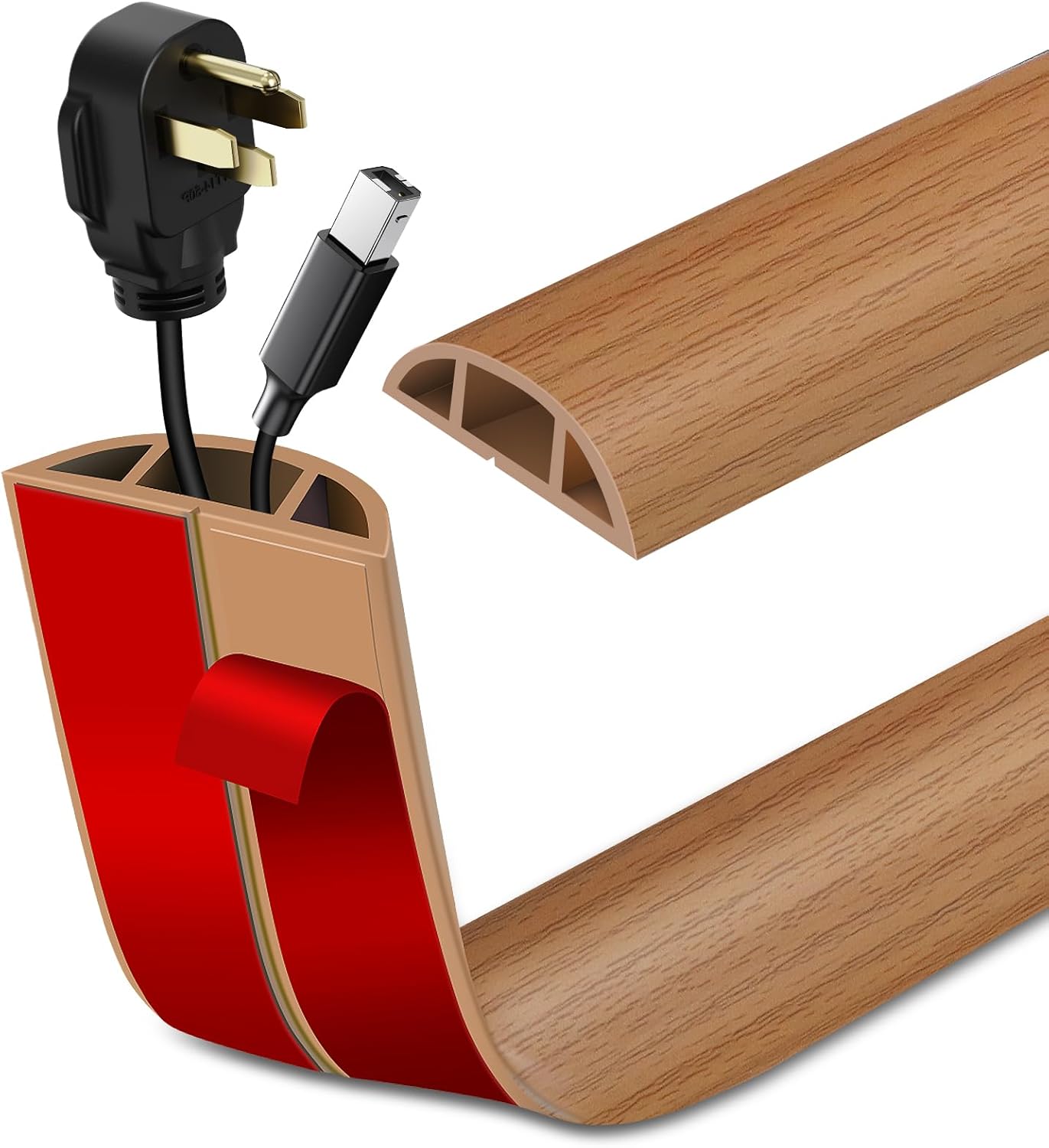 Floor Cord Cover Self Adhesive Cord Hider Floor Extension Cord Covers for Floor Power Cord Protector Cable Management Prevent Cable Trips Cable Cavity 0.51" W x 0.31" H (Light Brown Wood, 20Ft)