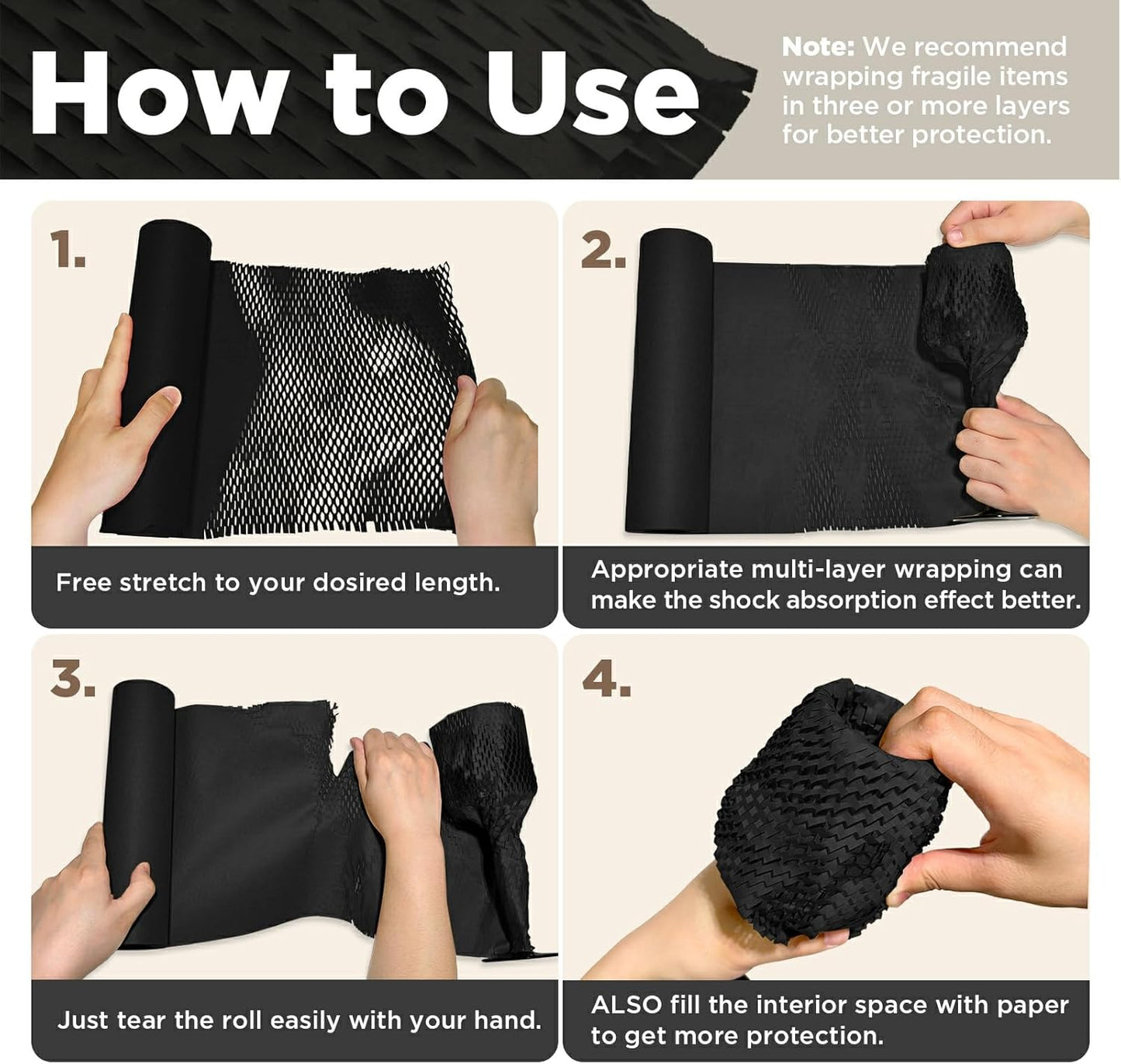 Honeycomb Packing Paper, 12"x200' Black | Perforated Honeycomb Packing Paper Recyclable Moving Supplies for Shipping & Moving | Plastic-Free Alternative to Bubble Cushion Wrap with 36 Fragile Stickers