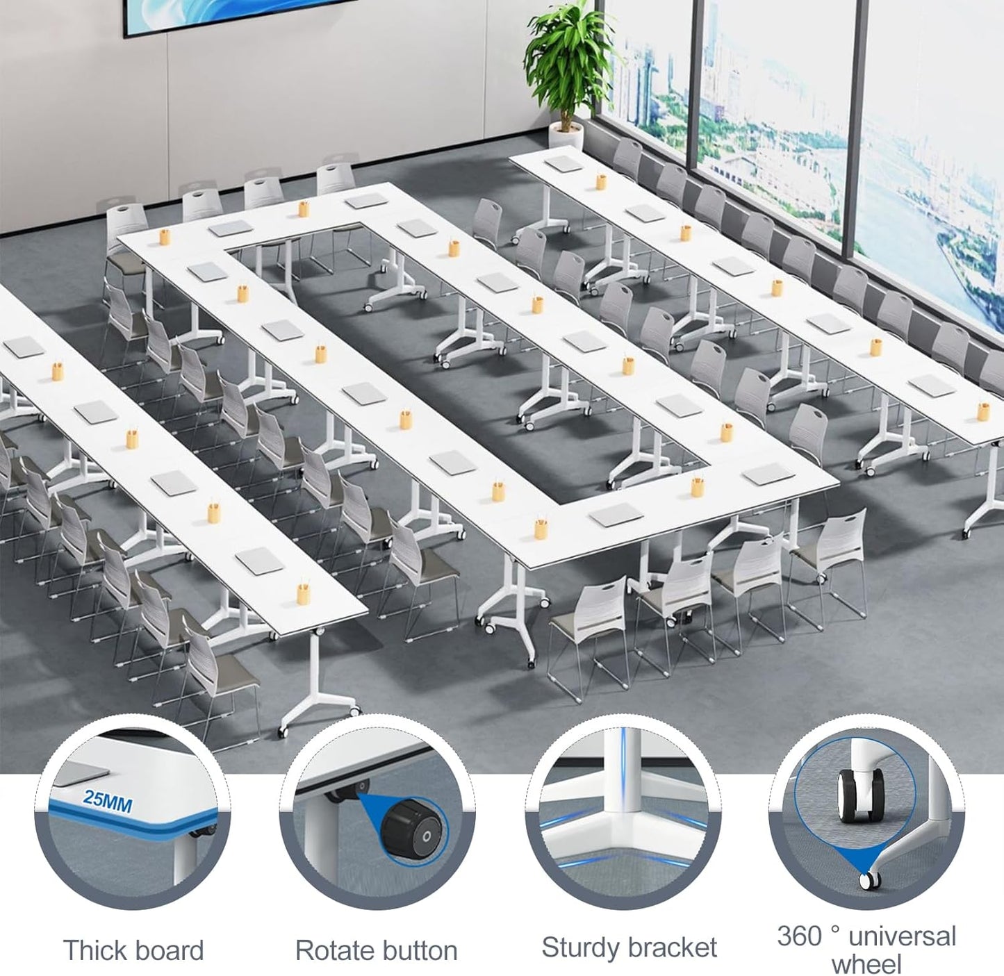 Folding Conference Room Table, Modern Mobile Training Table with Wheels, White Foldable Seminar Meeting Tables for Office Corporations (2pack 63in)