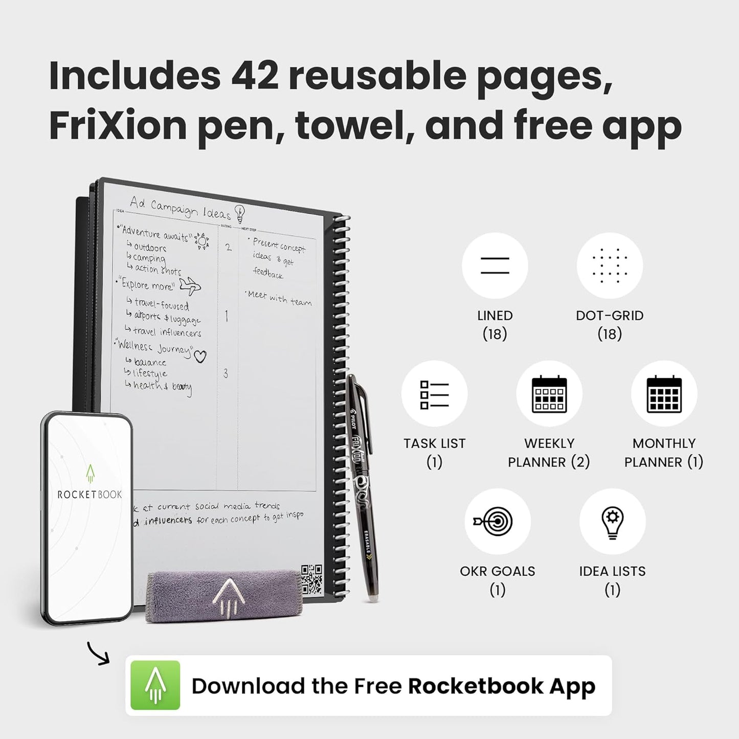 Rocketbook Fusion Reusable Undated Productivity Planner, Letter Size 8.5x11, Beige - Goals, Monthly and Weekly Calendar, Daily To-do List, Lined and Dotted Notes Pages