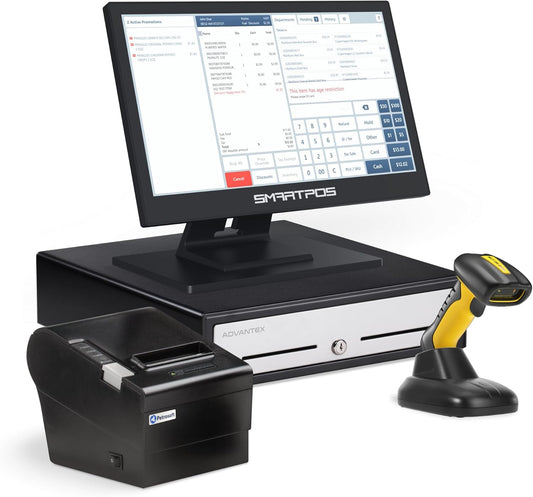 All-in-One SmartPOS NX Professional Cash Register for Small Business – WiFi POS System with Touch Screen, Customer-Facing VFD Display, Cash Drawer, Wireless Barcode Scanner, Thermal Receipt Printer