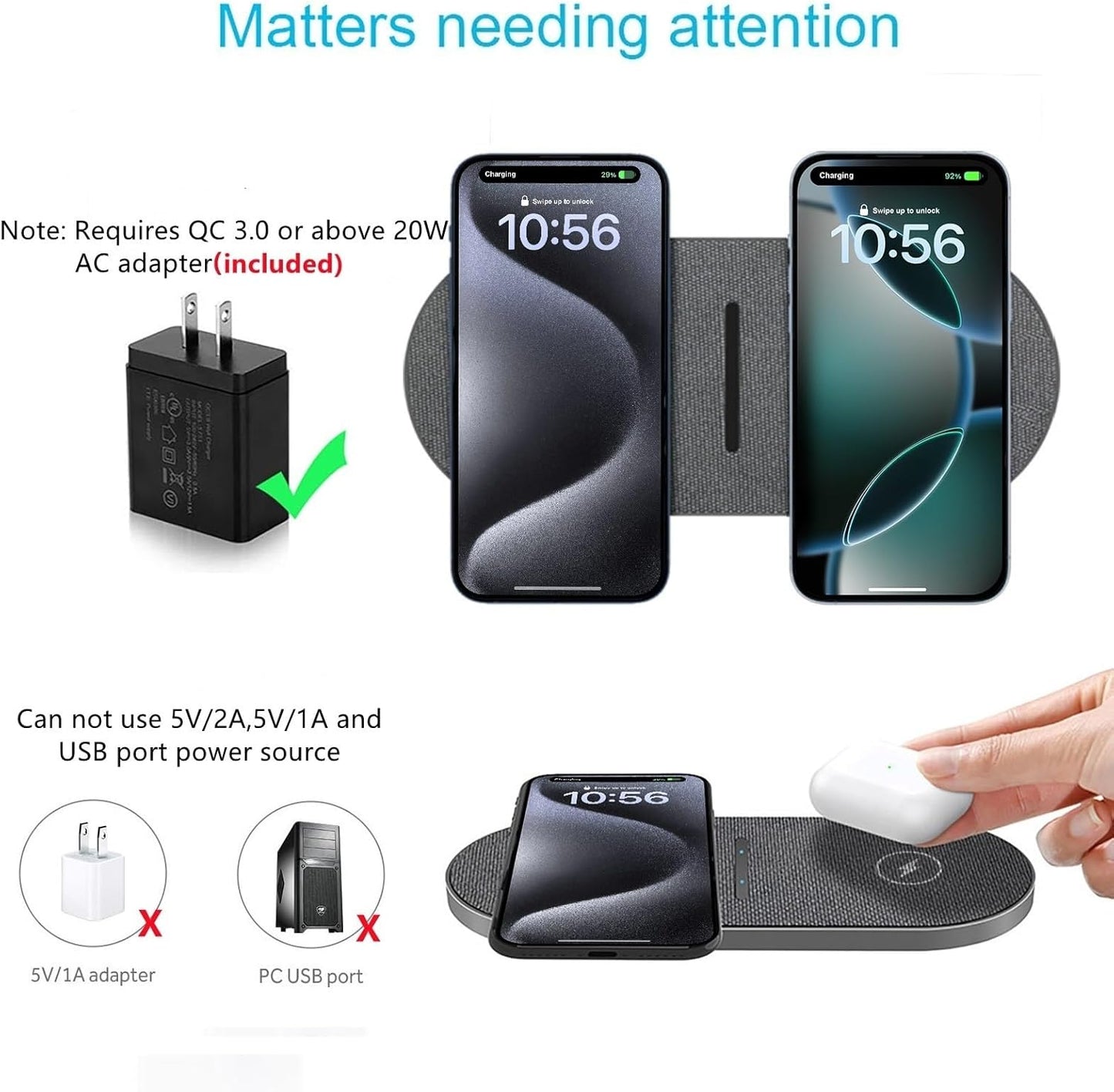40W Wireless Charging Pad,Dual 20W Charging mat for Apple iPhone 16 15 14 13 12 11 Pro/Max/Mini/Plus/XS/XR,Airpods 4/3/Pro,2 in 1 Wireless Phone Charger for Samsung,Pixel,Xperia(with PD Adapter)
