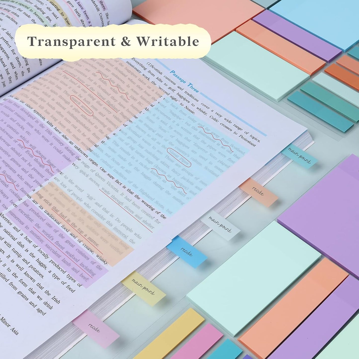 Temiary 500 Sheets Transparent Macaron Sticky Notes 3 x 3 inch, Clear Sticky Note Waterproof See Through Memo Pad, Translucent Writable Index Book Tabs for Annotating Supplies Office & School