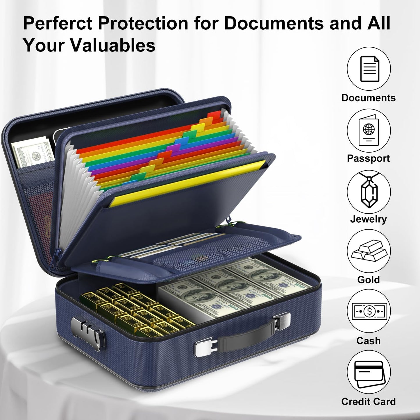 Fireproof File Box, Hard Case Fireproof Document Organizer with Lock Hard-Shell Design Fireproof Water Resistant Safe Box for Important Documents Certificates Laptop Passports Blue