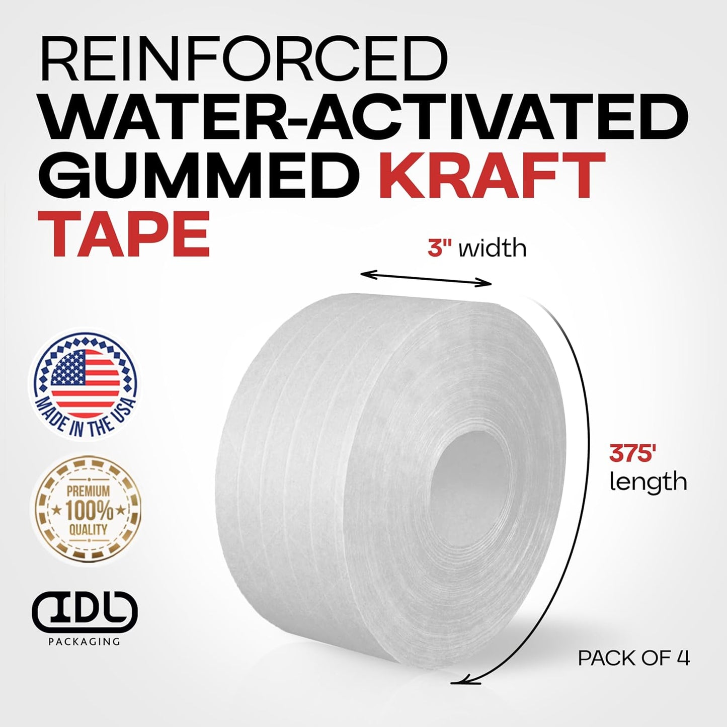 IDL Packaging 3" x 375 feet Reinforced Water-Activated Kraft Gummed Tape 70lb Thickness (Pack of 4) - Secure Paper Packing Tape for Secure Carton Sealing - Heavy-Duty for All Conditions, White