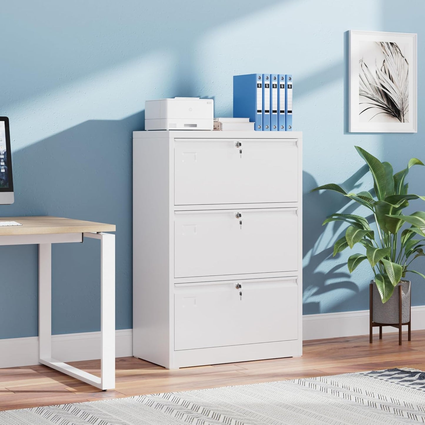 Metal 3 Drawer Lateral File Cabinet with 3 Lock - Wide Filing Cabinet for Letter/Legal/F4/A4 Hanging Files - Includes Business Card Holder,Home Office School Storage,White