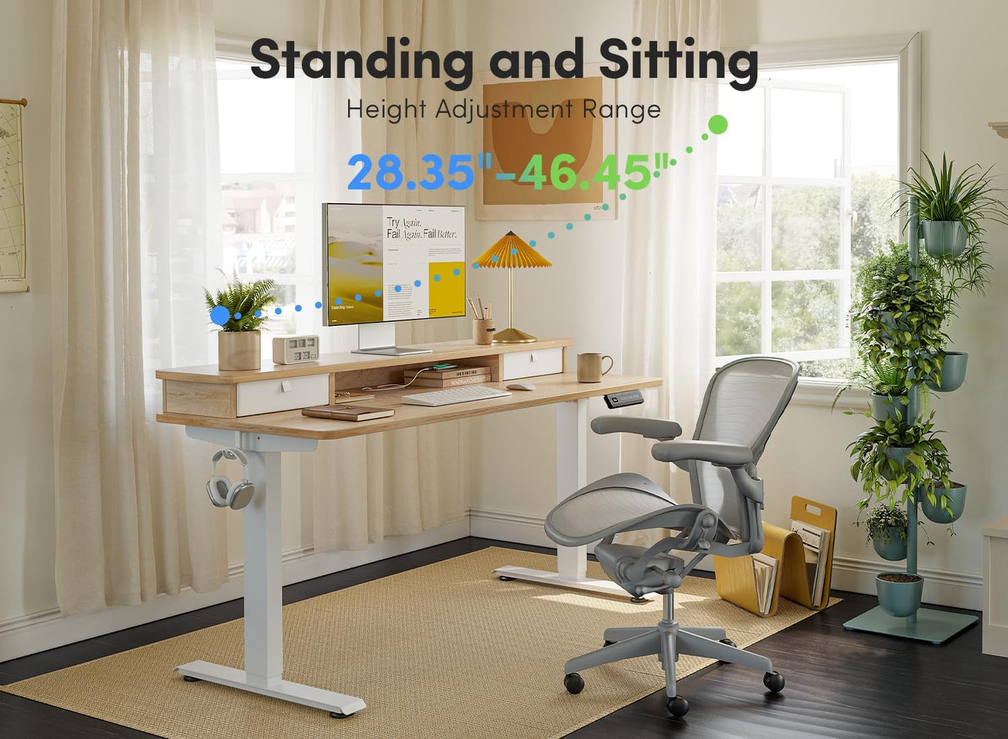 FEZIBO 55 x 24 Inch Height Adjustable Electric Standing Desk with Double Drawer, Computer Desk, Home Office Stand Up Table with 4 Height-Adjustable Feets & 2 Hooks, Maple