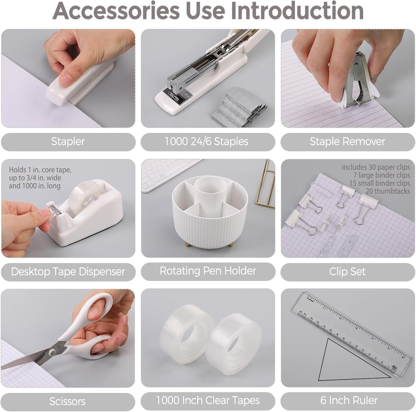 SKYDUE White Office Supplies Set, Office Desk Accessories 10PCS, Pencil Holder for Desk, Stapler, Tape Dispenser, Scissors, Ruler, Binder/Paper Clips and 1000pcs Staples,Desk Supplies Set