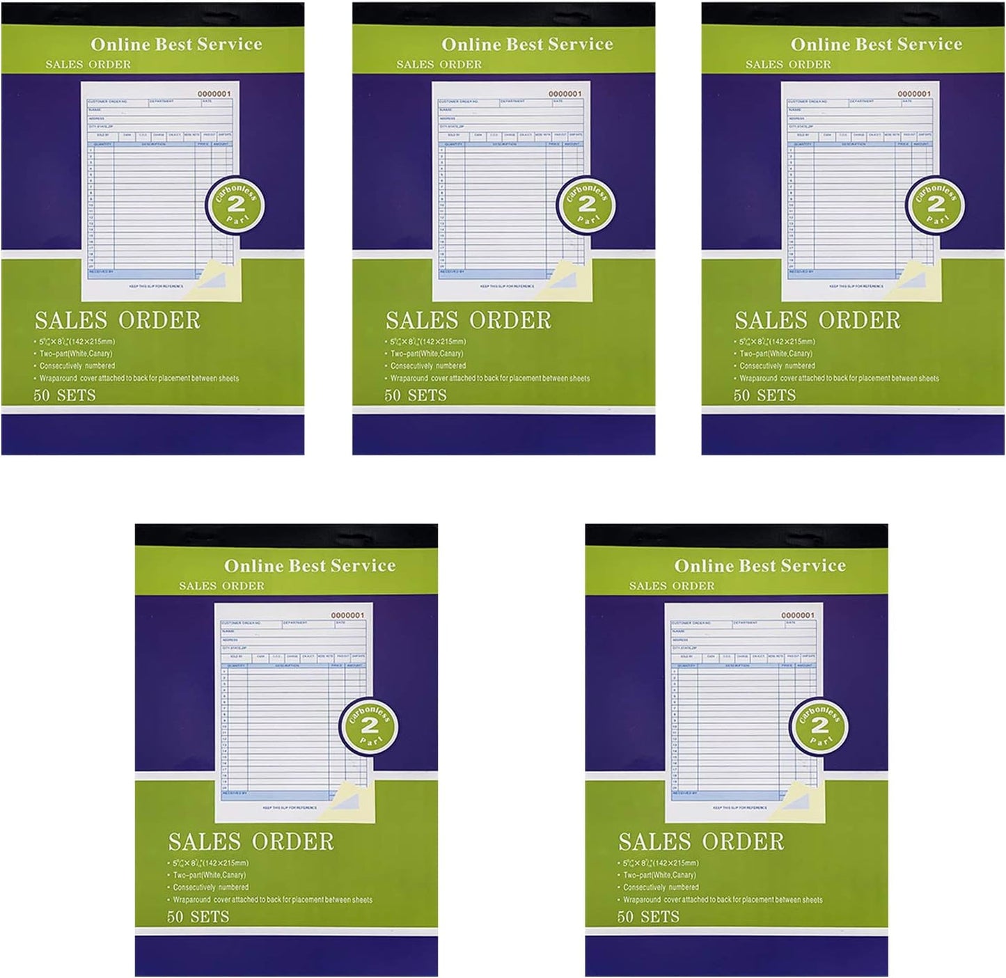 5 Pack Large Sales Order Book Receipt Invoice Duplicate Carbonless 50 Sets 5.9/16" X 8.7/16"