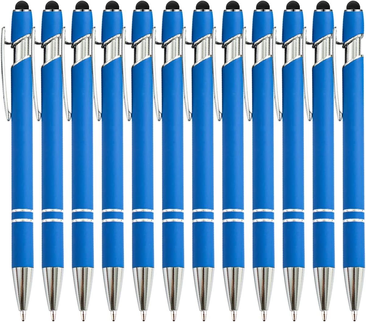 PASISIBICK 12 Pieces Blue Ballpoint Pen with Stylus Tip, 2 in 1 Stylus Stylish Pen, Blue Metal Stylus Pen for Touch Screens, Black Ink, 1.0 mm Medium Point(12 PCS Light Blue)