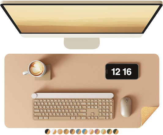 YSAGi Double-Sided Desk Pad, Leather Desk Mat, Eco Cork Desk Pad Protector, Large Mouse Pad for Desk, Waterproof Desk Blotter Pad, Writing Pad for Office/Home(23.6"x13.7",Apricot)