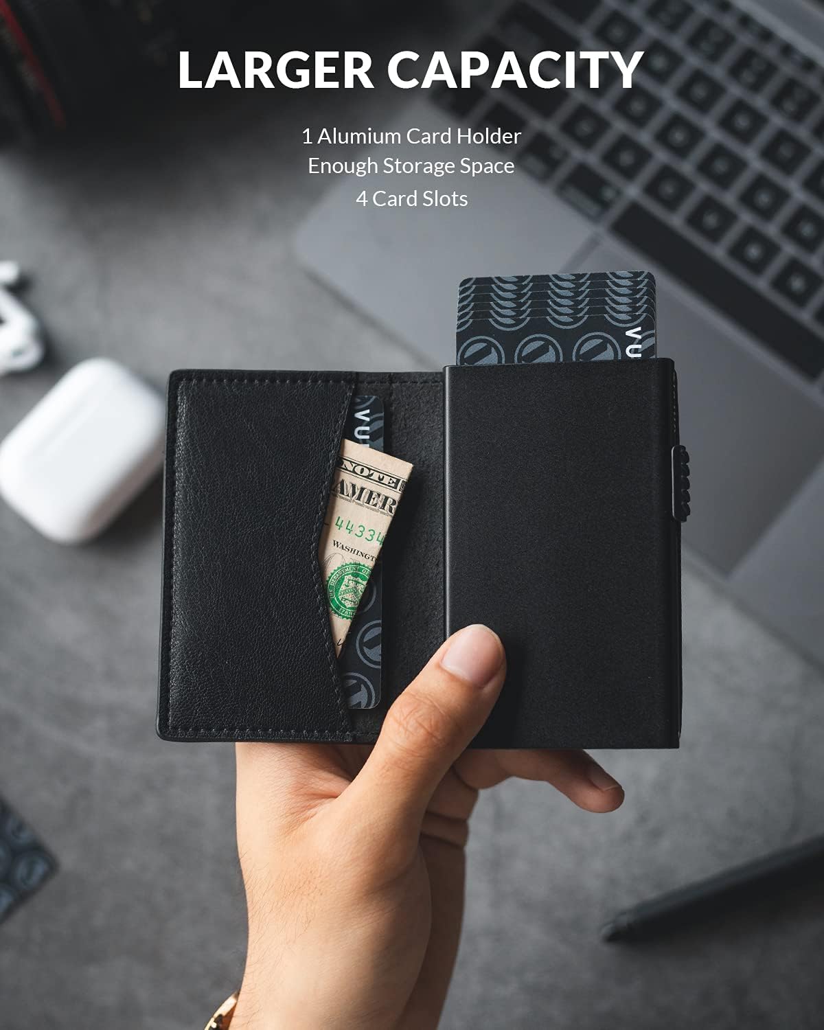 VULKIT Men's Slim Wallet Pop Up Card Holder RFID Blocking Metal Wallet Minimalist Design Holds Up to 11 Cards