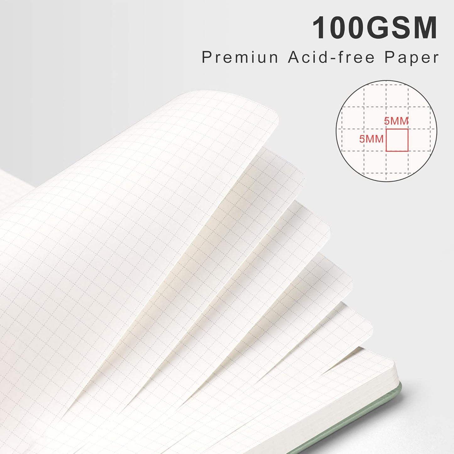 RETTACY Graph Grid Paper Notebook, 110 Pages, A4 Large Size (8.5'' × 11''), 5 Squares per Inch, Leather Hardcover, 100 GSM Thick Paper, for School, Students, Math, Engineering (Light Green)