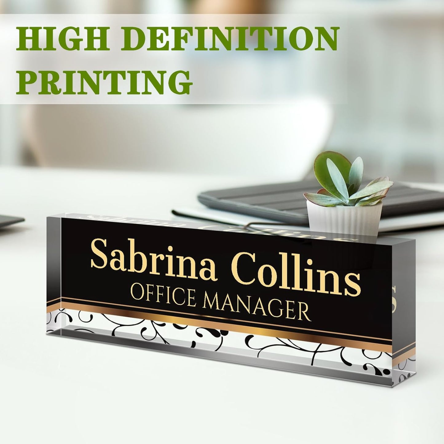 Name Plate for Desk, Desk Name Plate Personalized, Office Decor for Women Men, Acrylic Desktop Accessories, Office Appreciation Gifts for Boss Social Workers Nurse Teacher Employee (Black Stripes)