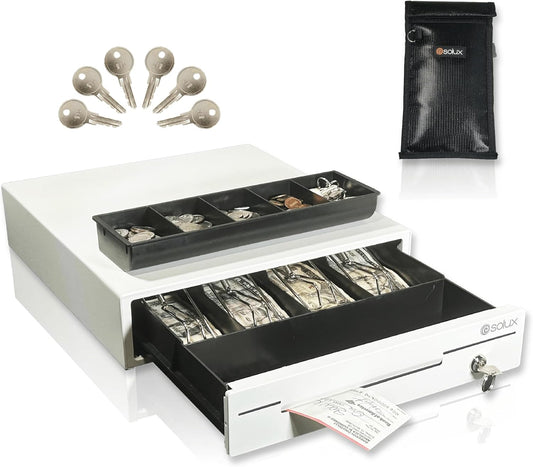 SOLUX 13" Cash Drawer - Cash Registers - Cash Register Drawer for POS - Square Cash Drawer for Small Businesses - Removable Coin Tray - 24V, RJ11/RJ12-Key Lock 4 Bill - 5 Coin, White