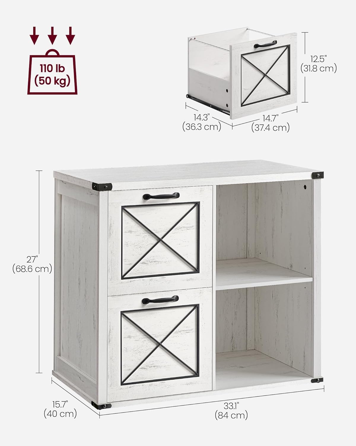 VASAGLE Lateral File Cabinet, Filing Cabinet with 2 Drawers, Printer Stand, 2 Open Compartments, Fit A4, Letter Size, Hanging File Folders, for Home Office, Farmhouse Style, Rustic White UOFC049T73