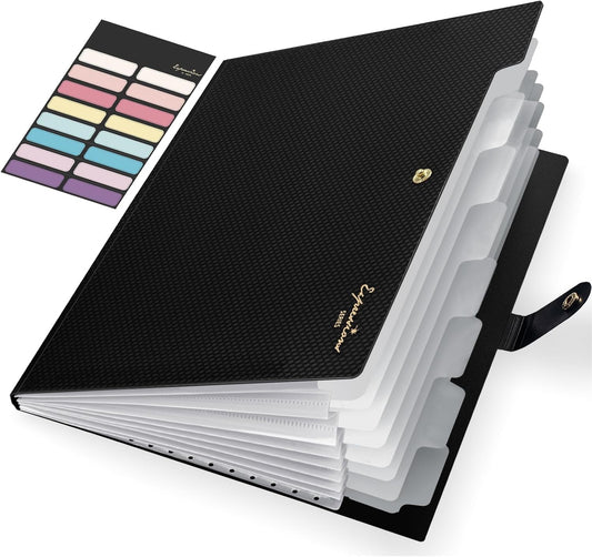 Sooez Accordion File Organizer, 8 Pocket Expanding File Folder with Labels, Letter Size Folders for Documents, Portable Paper Bill Receipt Organizer for Home School Office Supplies, Black