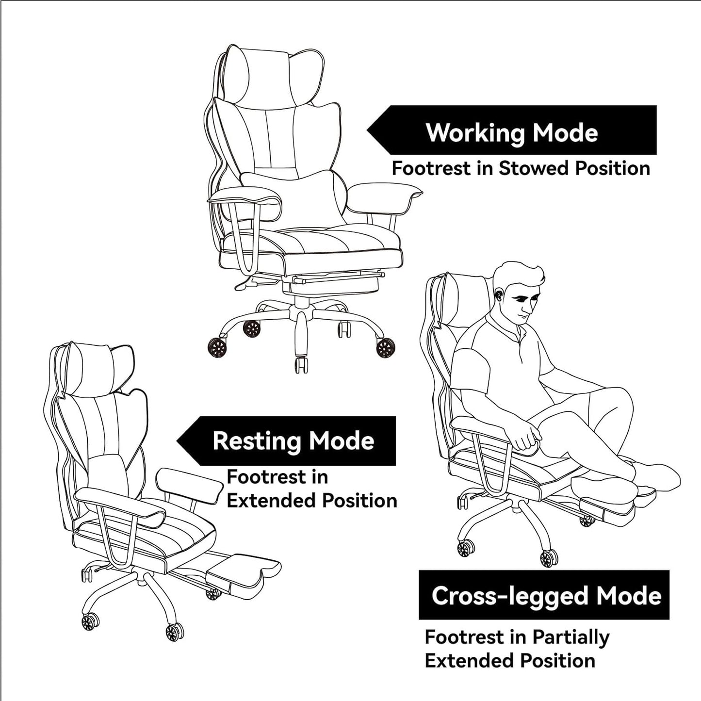 Efomao Big and Tall Office Chair 400lbs – High Back PU Leather Executive Chair with Lumbar Support, Footrest, Swivel Base, Padded Armrests, and Rolling Wheels for Home Office, Grey Computer Chair