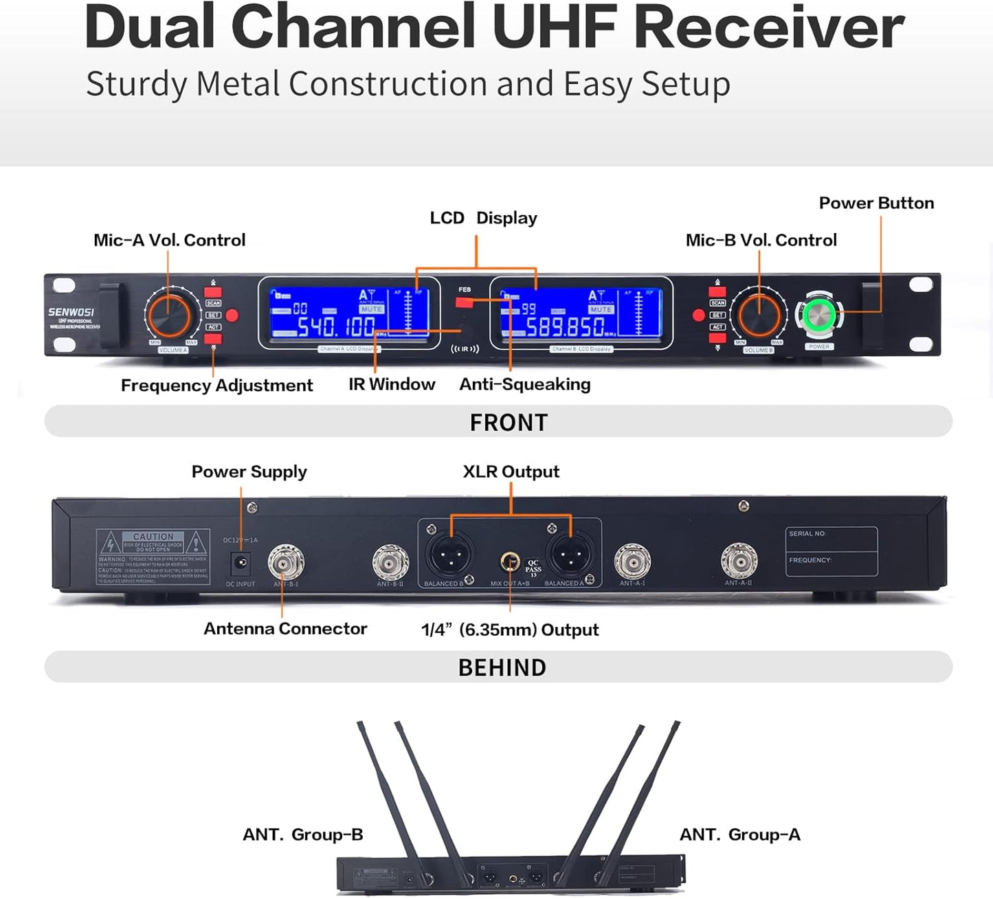 Profession Wireless Microphone System, UHF Handheld Dual Cordless Mic True Diversity Metal Microphones Set, 700ft Range, 2x100 Channels, Auto Scan, Mics for Stage/Studio/Singing/Church