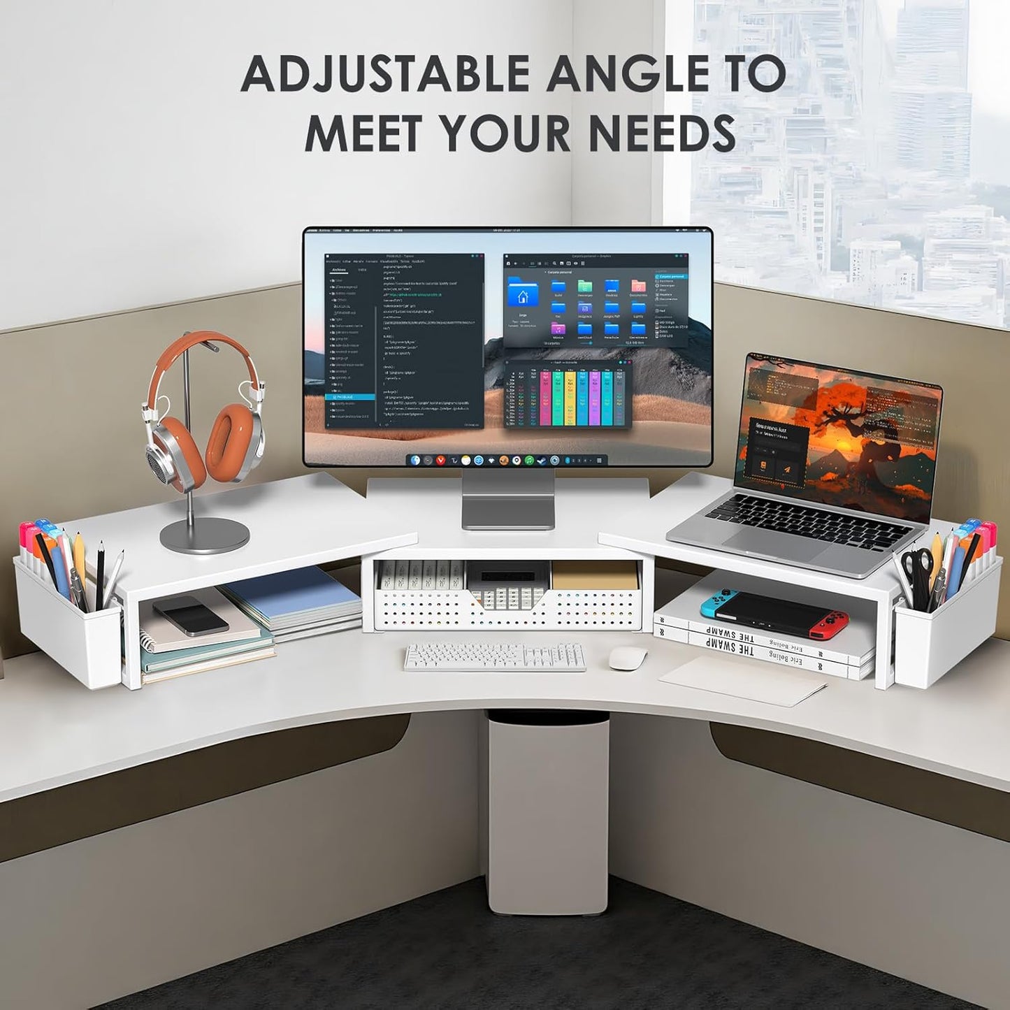 White Dual Monitor Stand Riser, Metal Desk Organizers and Accessories with Drawer and 2 Pen Holders, Computer Monitor Stand for Desk