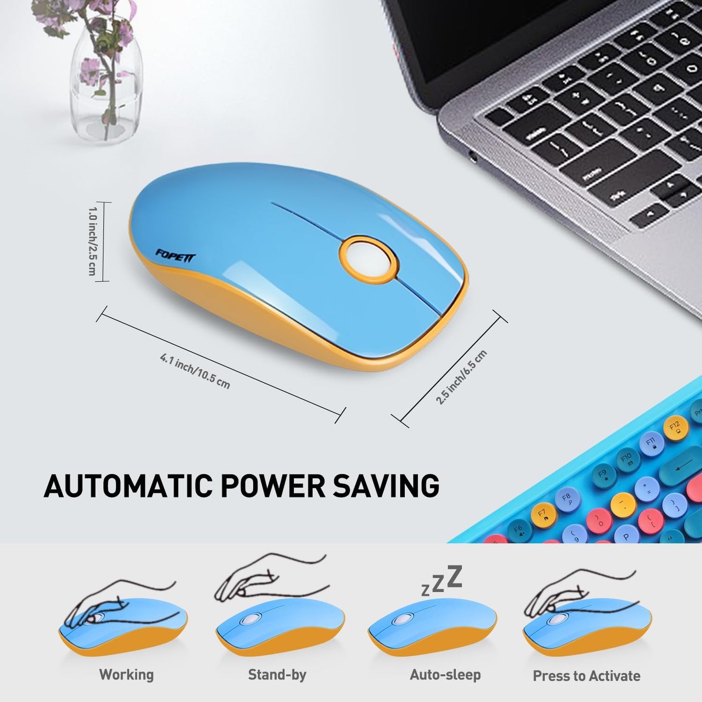 Keyboard and Mouse Wireless,Cute Retro Wireless Keyboard Mouse Combo with Round Key,2.4Ghz Dropout-Free Connection,Typewriter Wireless Keyboard Mouse Set for PC Laptop Desktop Computer-Blue Colorful