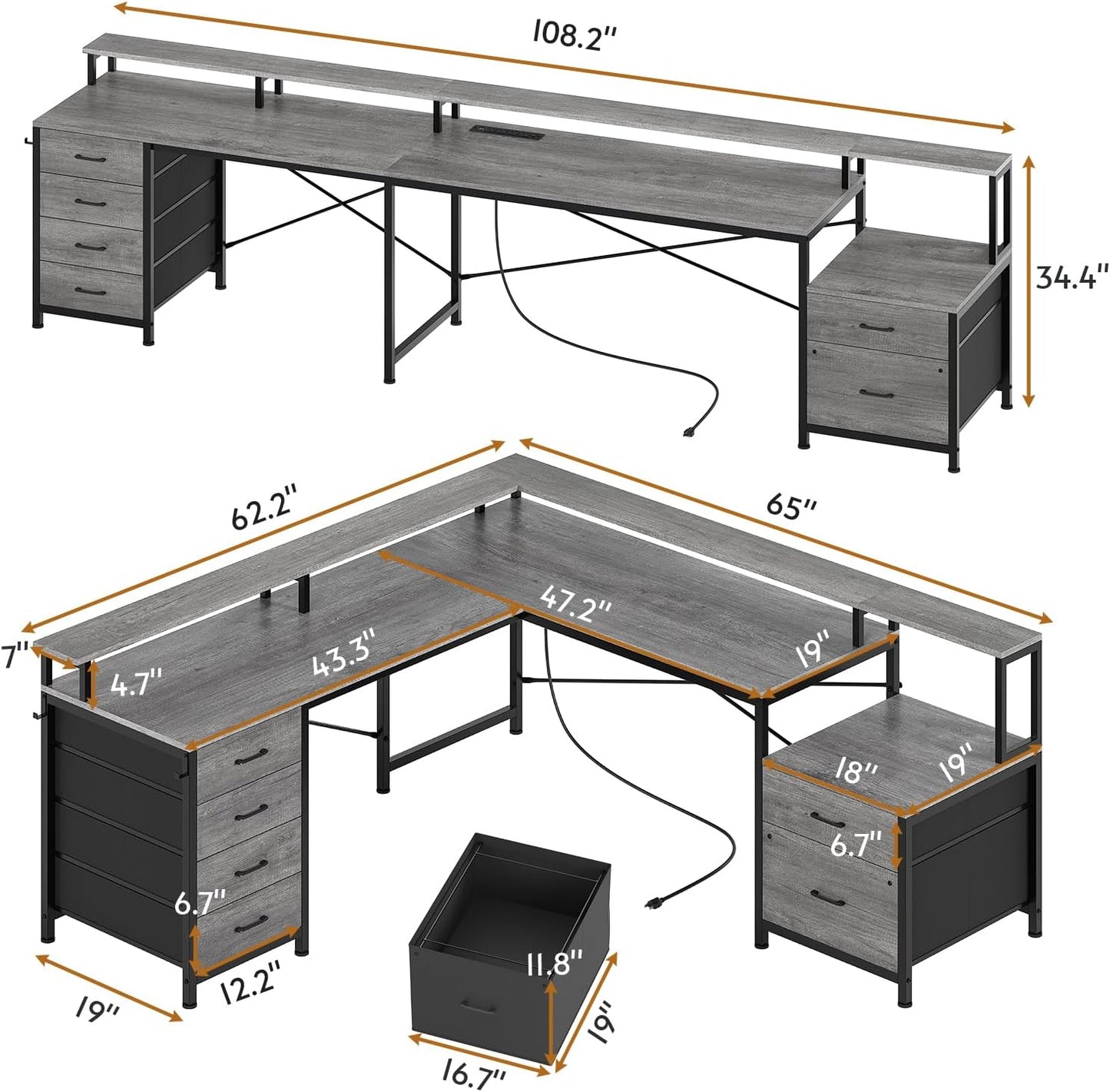 SEDETA L Shaped Desk with 6 Drawer, 108" Home Office Desk with File Drawer & Power Outlet, Corner Computer Desk with Monitor Shelf, Two Person Desk, Gaming Desk with Led Lights, Grey