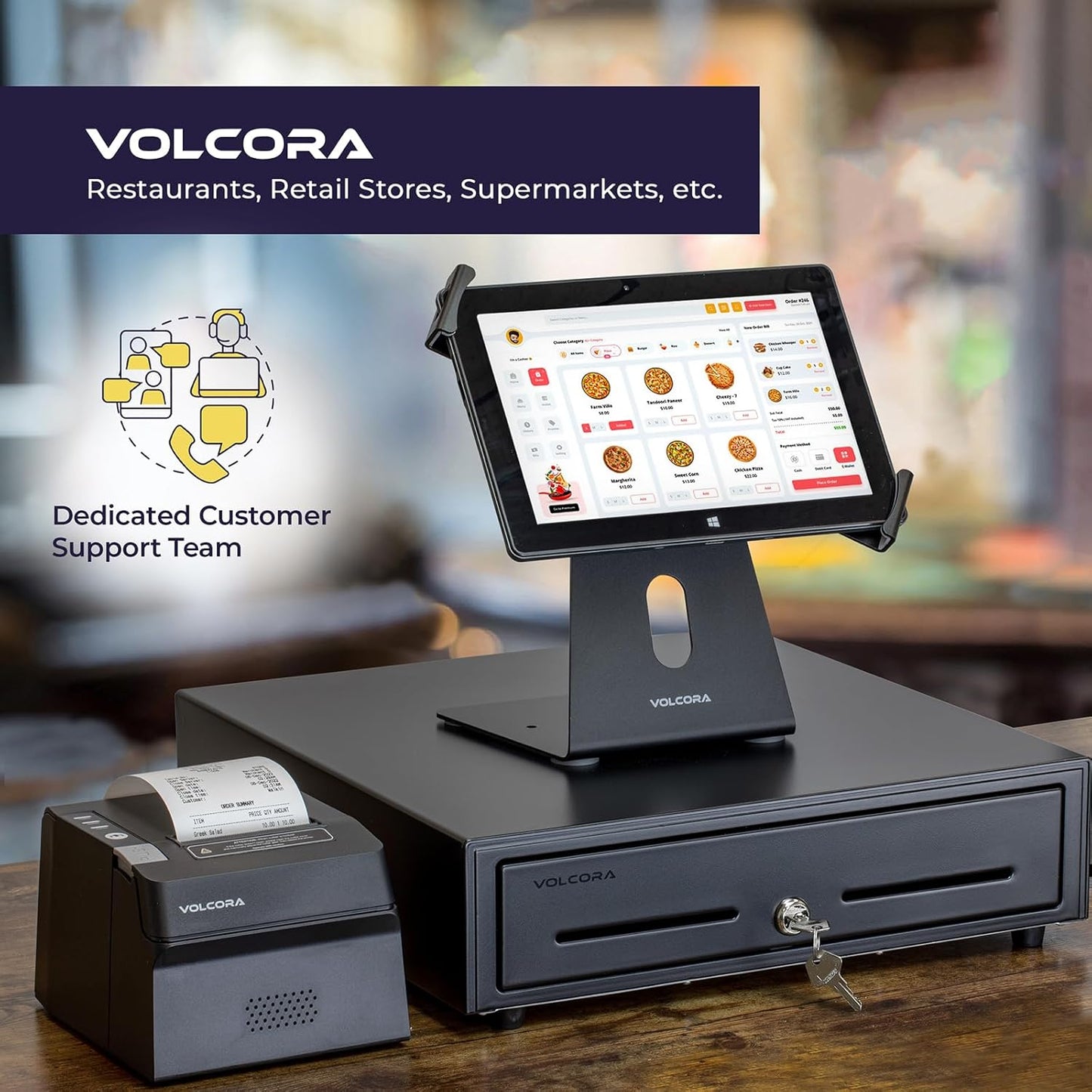 Volcora Cash Register Drawer for Point of Sale (POS) System with Fully Removable 2 Tier Cash Tray, 5 Bill/8 Coin, 24V, RJ11/RJ12 Key-Lock, Double Media Slot, Black
