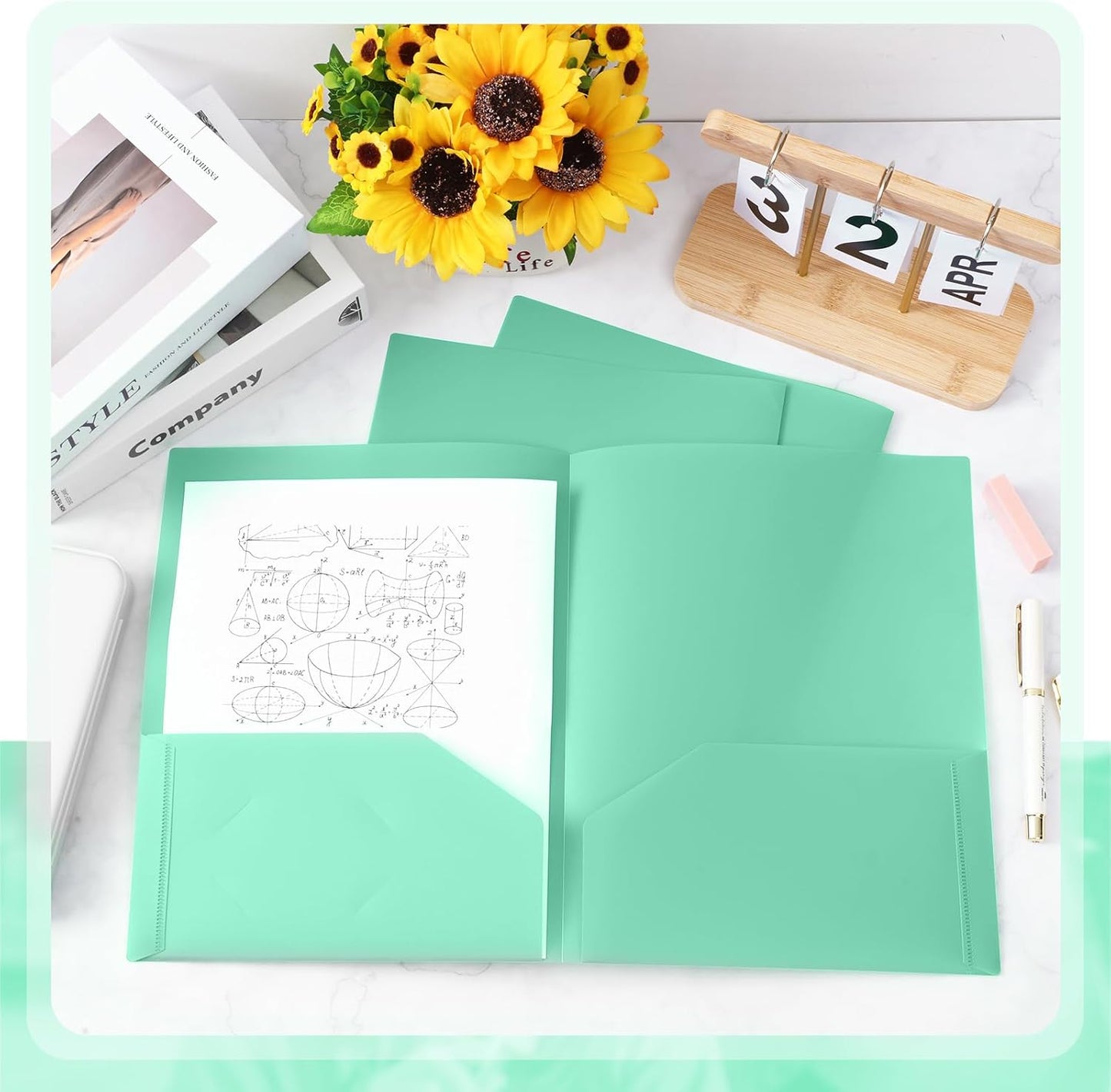 Gueevin 50 Pcs Plastic Folders with Pockets, Back to School Two Pocket Folder Fit Letter Size, Heavy Duty School Business Card Holder for Home Office, 11. 61 x 9. 45 Inches (Light Green)