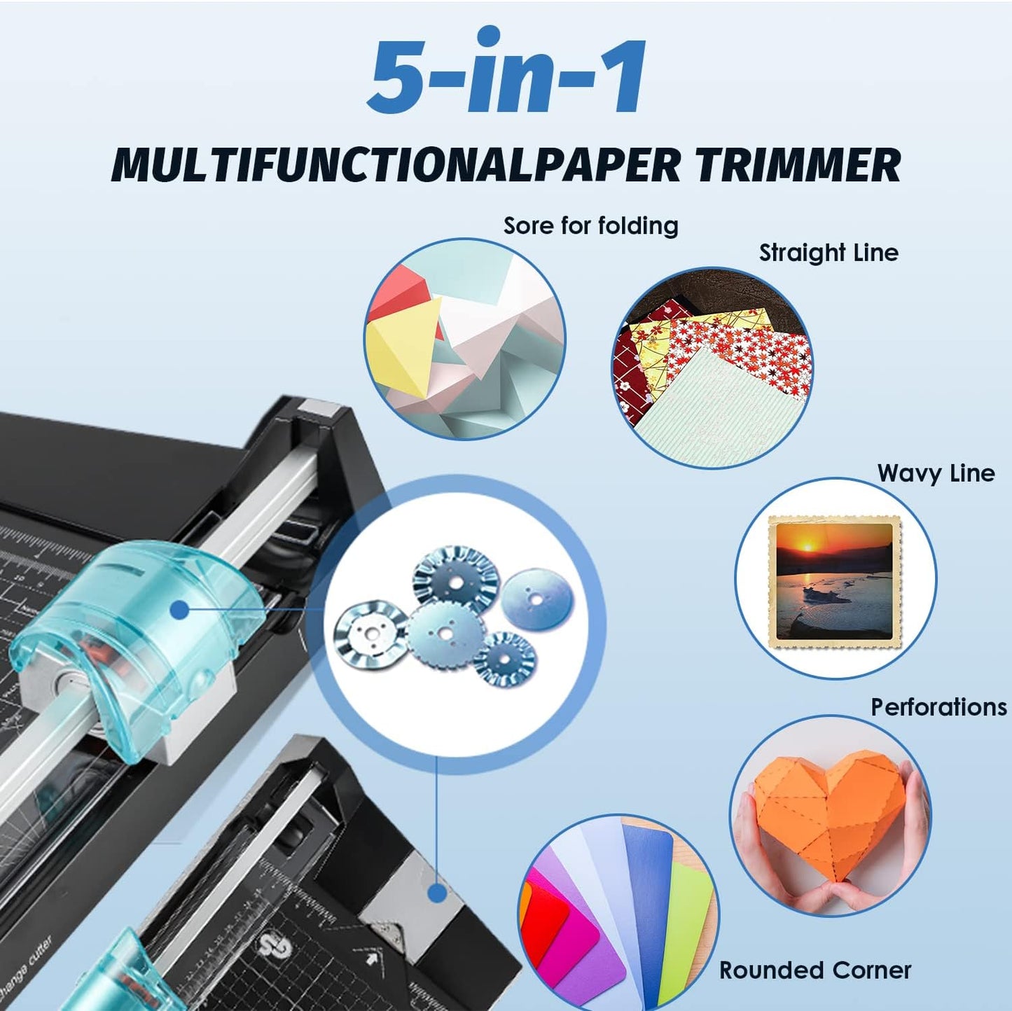 12 Inch Rotary Paper Cutter Heavy Duty, Paper Trimmer with 4 Different Blades for Straight/Wave/Dotted/Creasing Line, Suitable for Cutting Paper Coupons Photos Postcards Scrapbook
