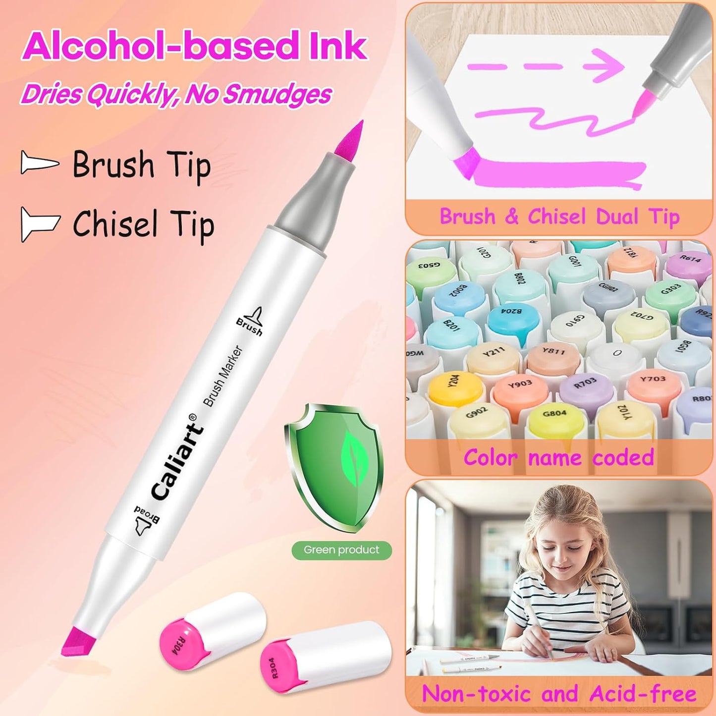 Caliart 101 Colors Brush & Chisel Alcohol Markers for Adult Coloring Book, Dual Tip Artist Sketch Art Markers, Aesthetic Cute Preppy Stuff School Supplies, Pens for Lettering Drawing Cards Planner
