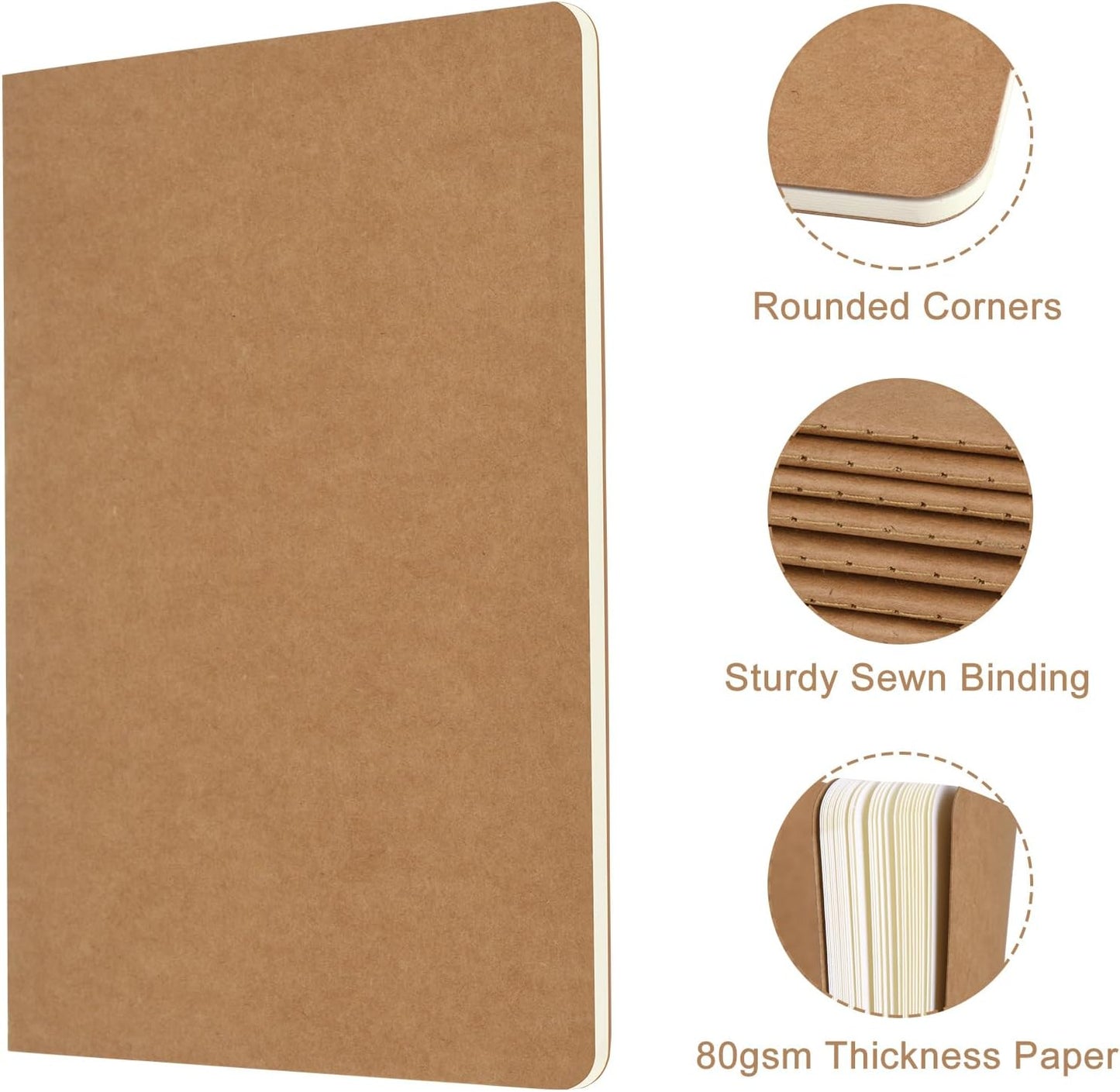ZCZN 8 Pack A5 Kraft Notebooks Bulk, 8.15x5.5 Inches Blank Journaling Notebooks, Notebooks for Work, Composition Notebooks for School, Journal notebooks for kids, 60 Pages