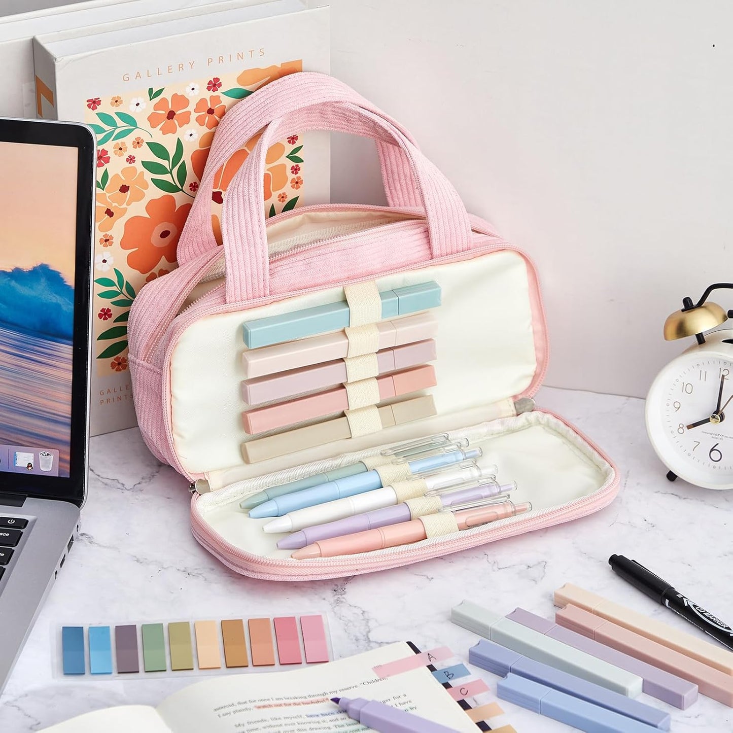 Jutom 39 Pcs Aesthetic Book Annotation Kit Highlighter with Pencil Case Bag Gel Pen Transparent Sticky Note Taking Bible Study College School Supplies(Pink,Classic Style)