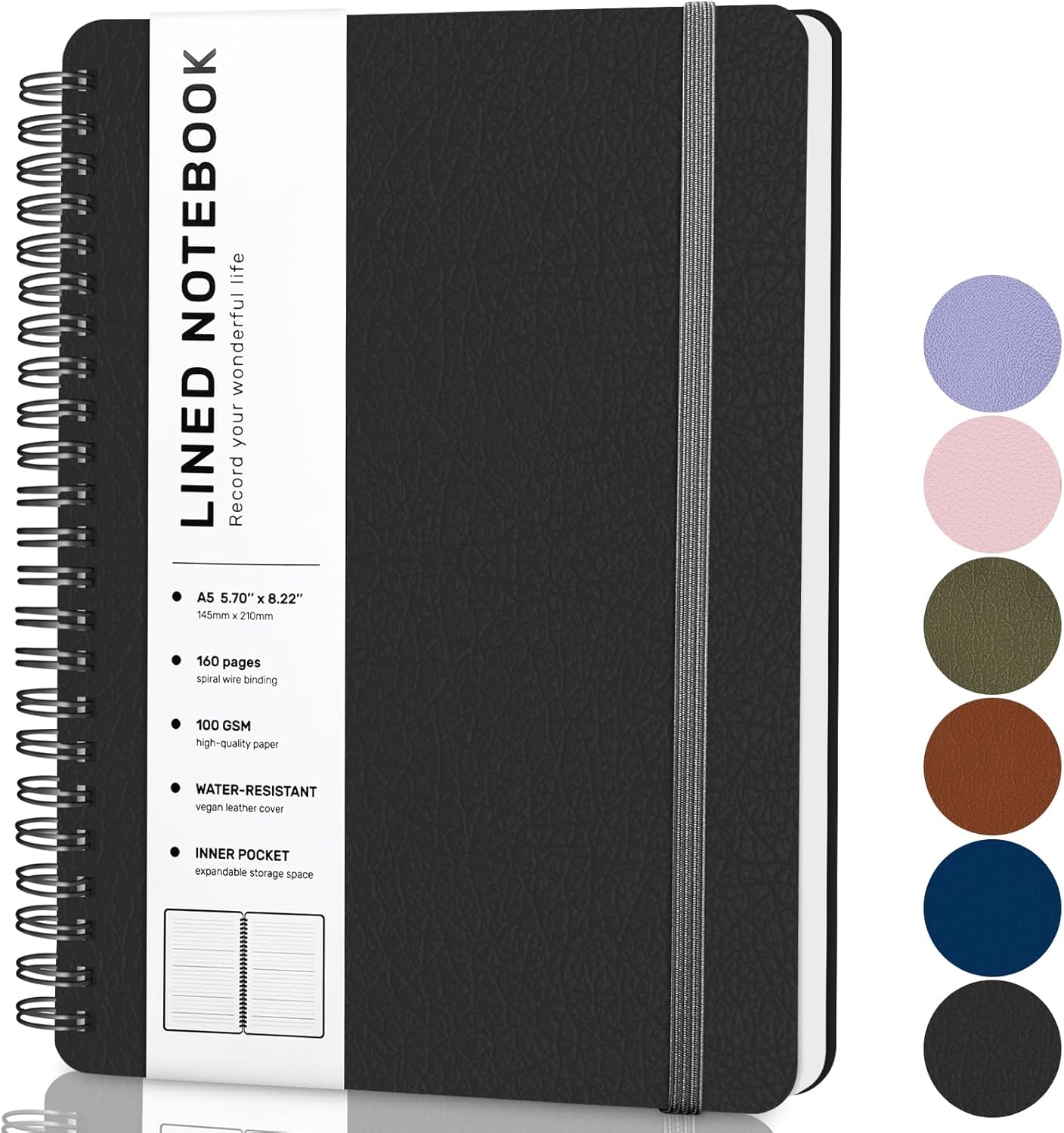 Lined Spiral Journal Notebook, B5 Hardcover Leather Notebook for Work, 7.8''×10'', 100GSM Thick Paper Spiral Bound Journaling Notebooks for Women & Men Office School Note Taking Business, Black