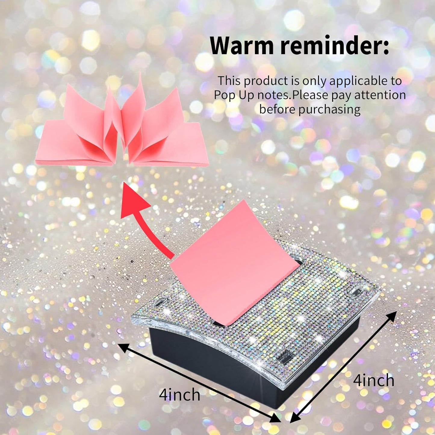 Rhinestone Self Sticky Note Holder Post it Note Dispenser Pop-Up Sticky Notes Dispenser 4 x 4 Inches Post it Dispenser for Desk (AB Bling)