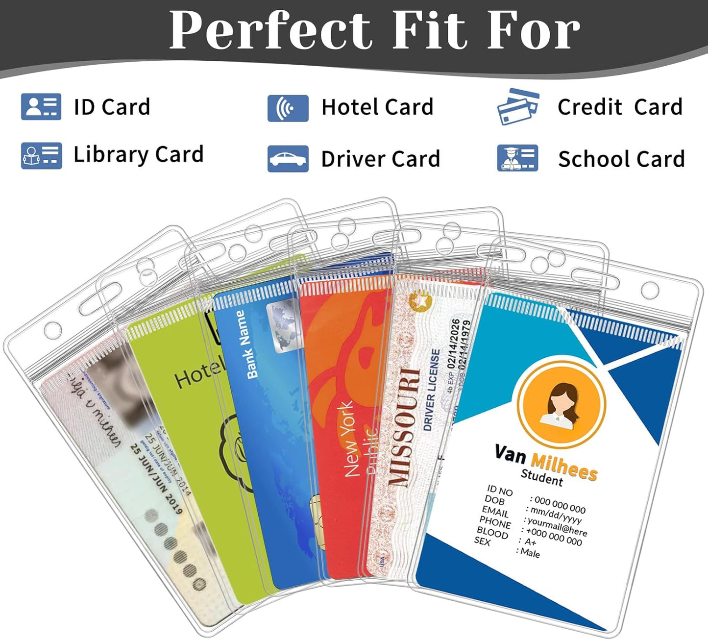6 Pack Badge Holder, Plastic ID Badge Holder, Clear Waterproof ID Card Holder with Resealable Zip, 2.5" x 3.8" Vertical Name Tag Holder for Nurses and Office, Fits ID Card/Credit Card/Student Card