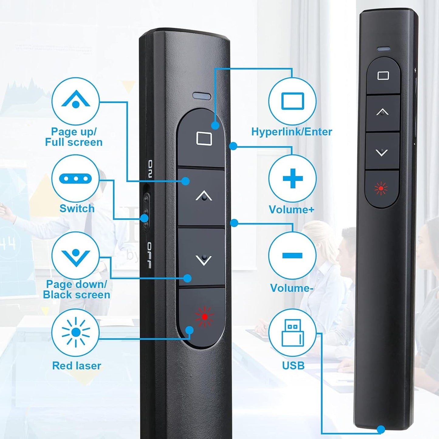 (2 Units) Wireless Presenter Remote with Case, Presentation Clicker with Hyperlink & Volume Remote Control PowerPoint Office Presentation Clicker for Keynote/PPT/Mac/PC/Laptop(Battery Included)