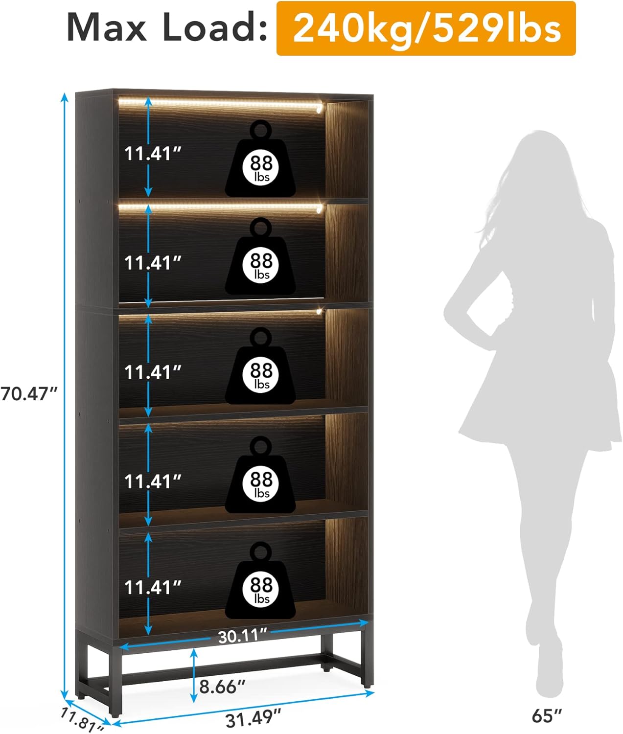 Tribesigns Tall Bookcase Black Bookshelf, 70.8” Large Bookcases Organizer with LED Lights, Heavy Duty Free-Standing Library Bookshelf with 5-Tier Storage Shelves for Living Room, Bedroom (Black)