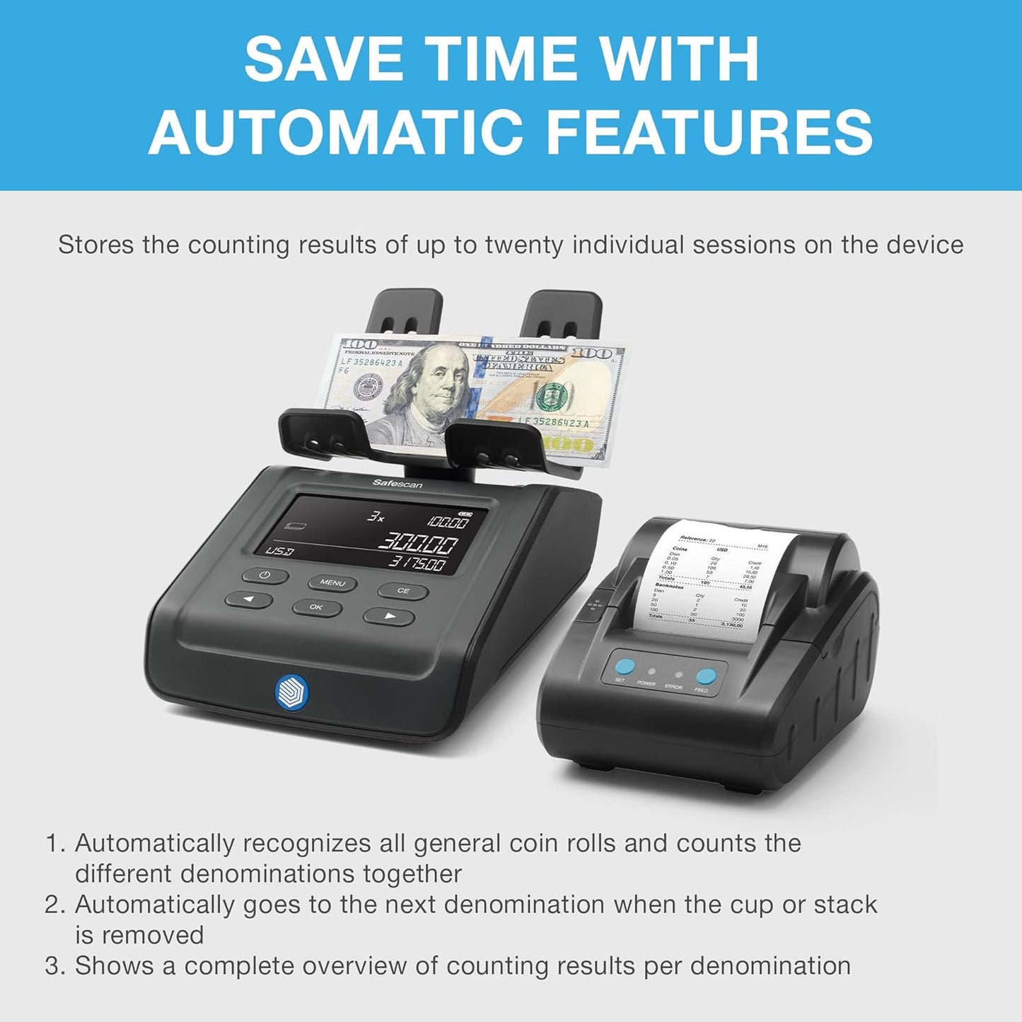 Safescan 6175 Money Counting Scale, Multi-Currency, Ideal for Coins, Bills, and Non-Cash Items, Store Individual Counting Results, Coin Roll and Bill Bundle Counting, Reliable, 3-Year Warranty