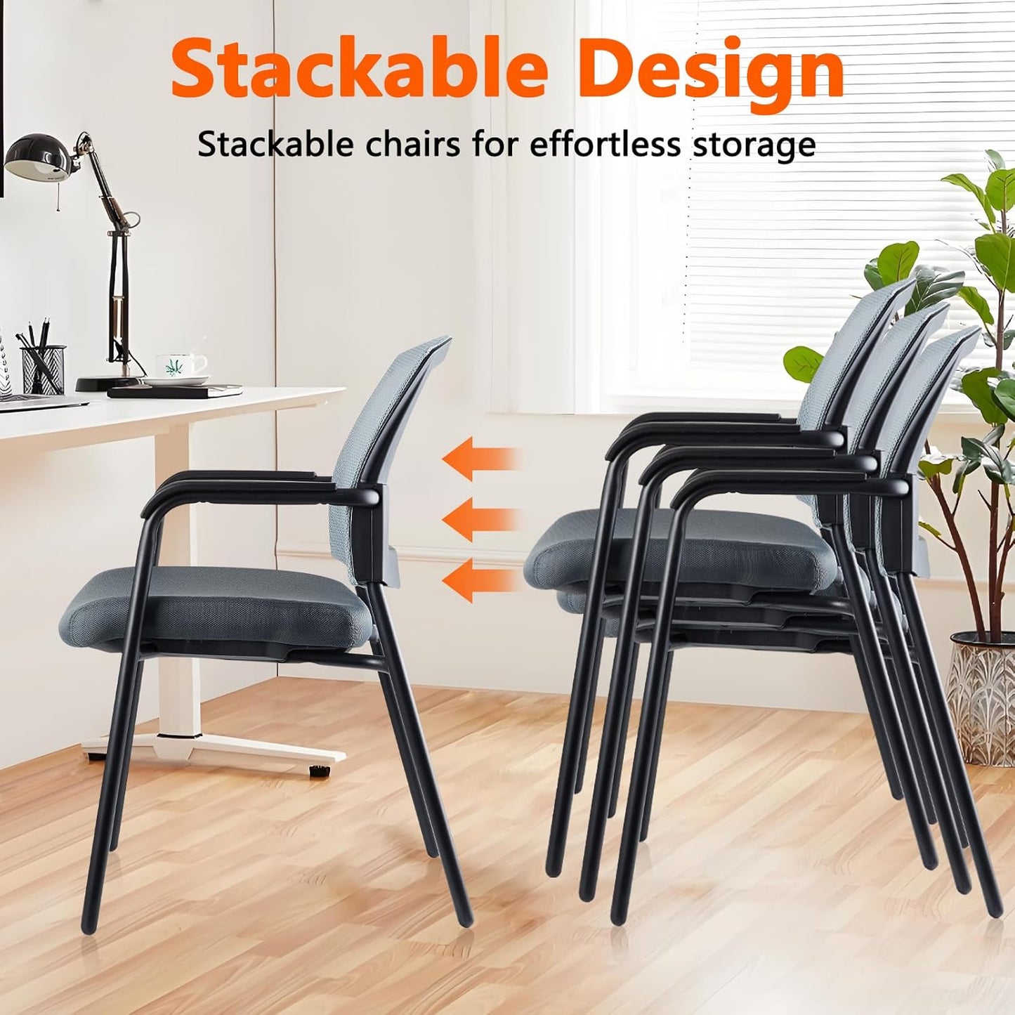 CLATINA Office Reception Guest Chair Mesh Back Stacking with Ergonomic Lumbar Support and Thickened Seat Cushion for Waiting Conference Room Gray 4 Pack