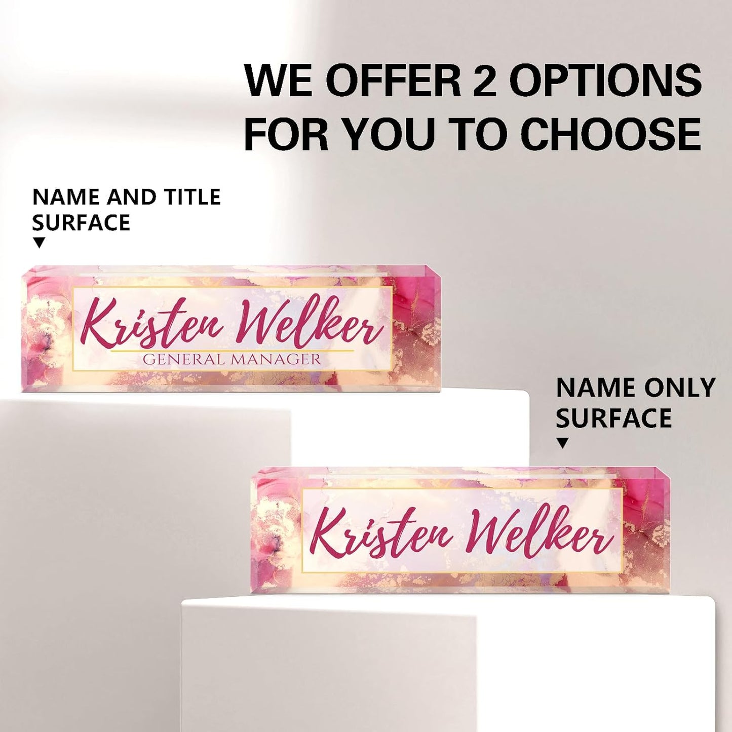 Name Plate for Desk, Desk Name Plate Personalized, Office Decor for Women Men, Acrylic Desktop Accessories, Office Appreciation Gifts for Boss Social Workers Nurse Teacher Employee (Pink/Gold)