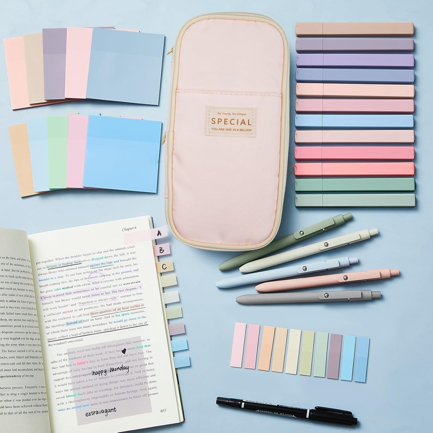 Jutom 39 Pcs Aesthetic Book Annotation Kit Highlighter with Pencil Case Bag Gel Pen Transparent Sticky Note Taking Bible Study College School Supplies(Pink,Cute Style)