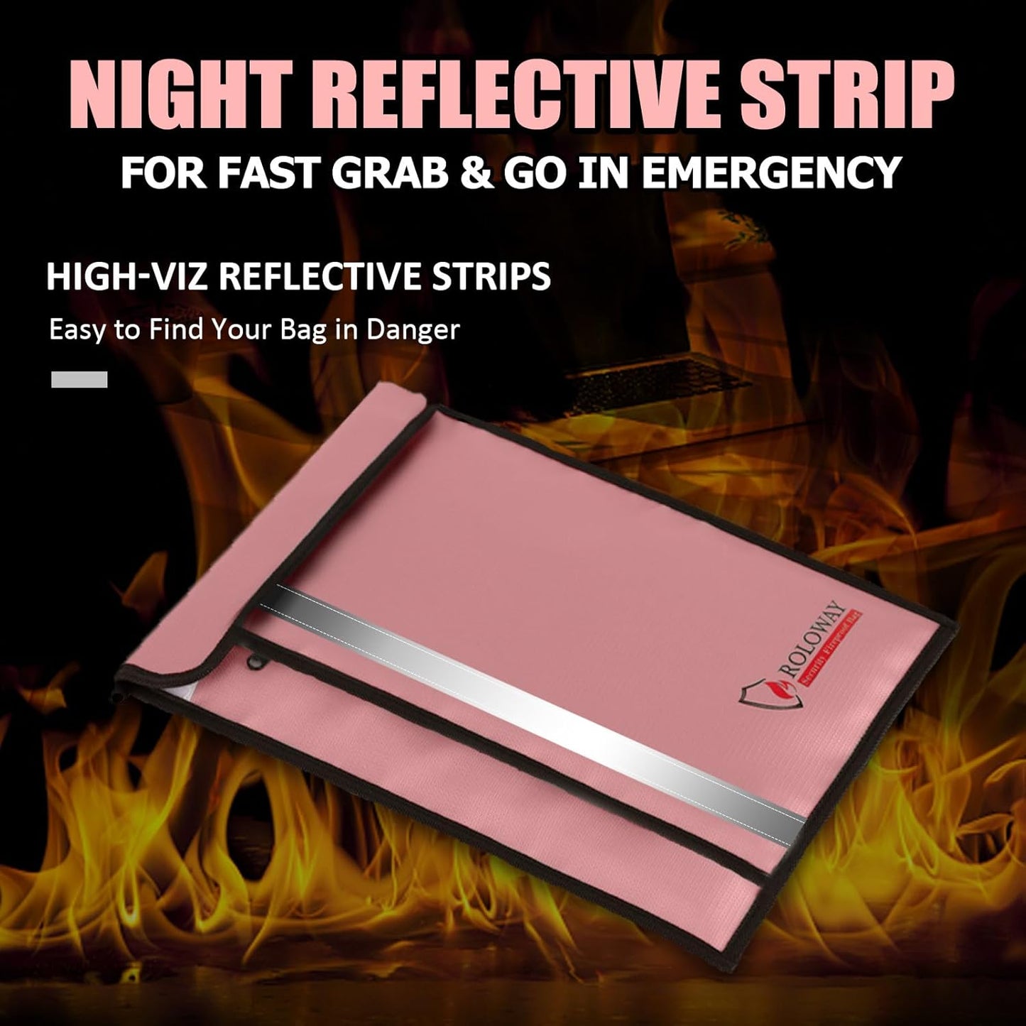 ROLOWAY Fireproof Document Bag (15 x 11 inch) with 2 Pockets & Waterproof Zipper, Fireproof Money Bag, Fire Safe Bag with Reflective Strip, Fireproof Envelope for Cash, Legal Documents Safe (Pink)