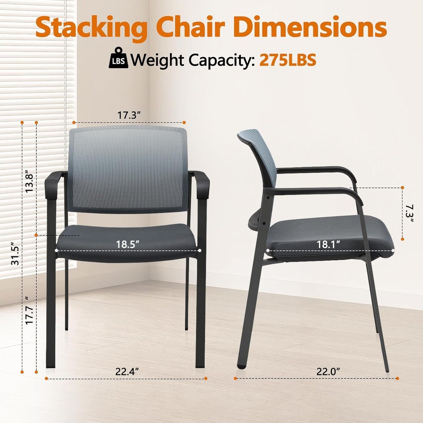 CLATINA Mesh Back Stacking Arm Chairs with Upholstered Fabric Seat and Ergonomic Lumbar Support for Office School Church Guest Reception Grey (Gray-8 Pack)