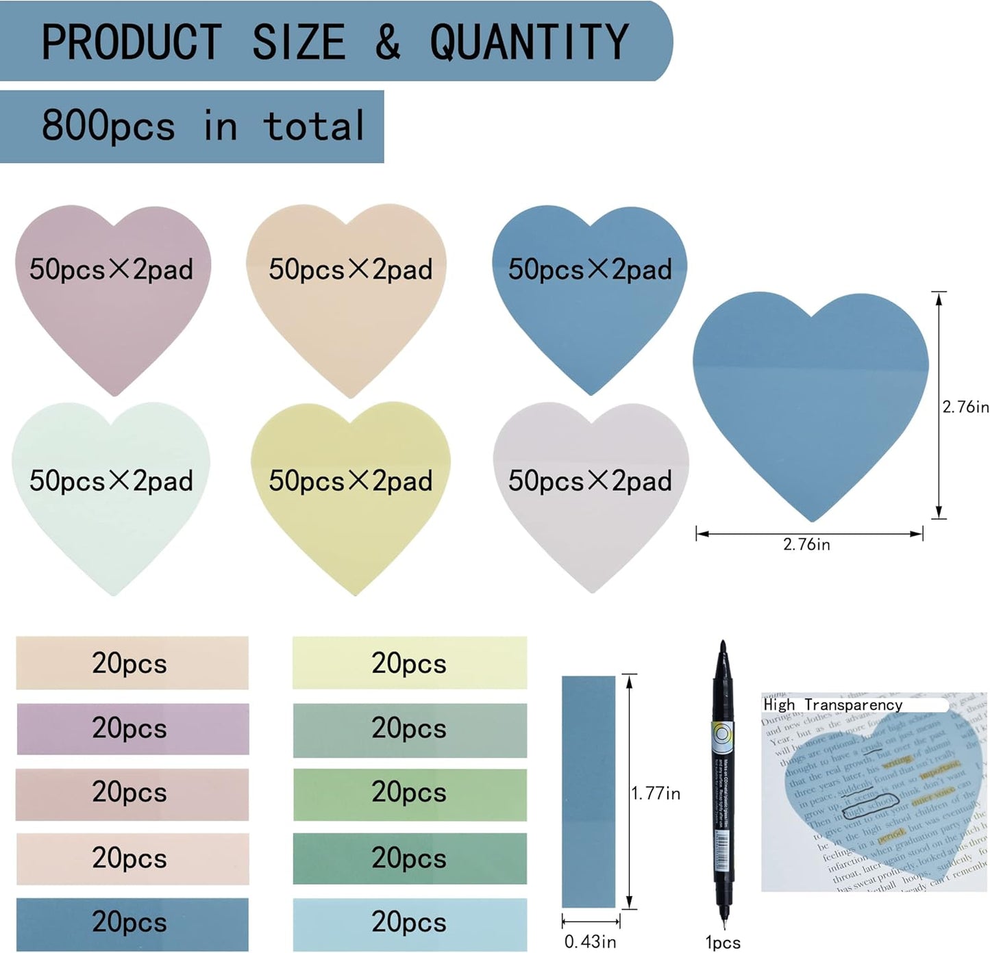 800Pcs Transparent Sticky Notes, 2.76"x2.76" Clear Heart Sticky Notes, Waterproof Translucent Sticky Note Pads for Books Annotation, Clear Post it Notes for Bible Study, School, Office