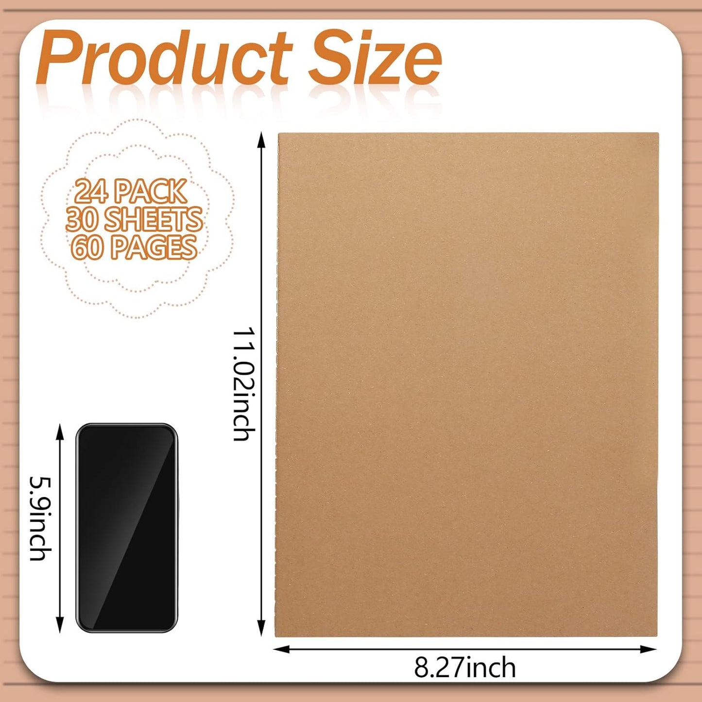 Lincia 24 Pack Large Kraft Notebooks Bulk, 8.5 x 11 Inch College Ruled A4 Subject Diary Journals Notebooks for Office Notes Writing Supplies, 60 Pages