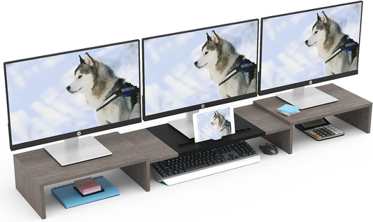 WESTREE Triple Dual Monitor Stand Riser, 56" Extra Long Monitor Stand for 1~2~3 Monitors, Monitor Stand with Length and Angle Adjustable, 3 Shelf Desktop Organizer Riser for Monitor Computer Laptop