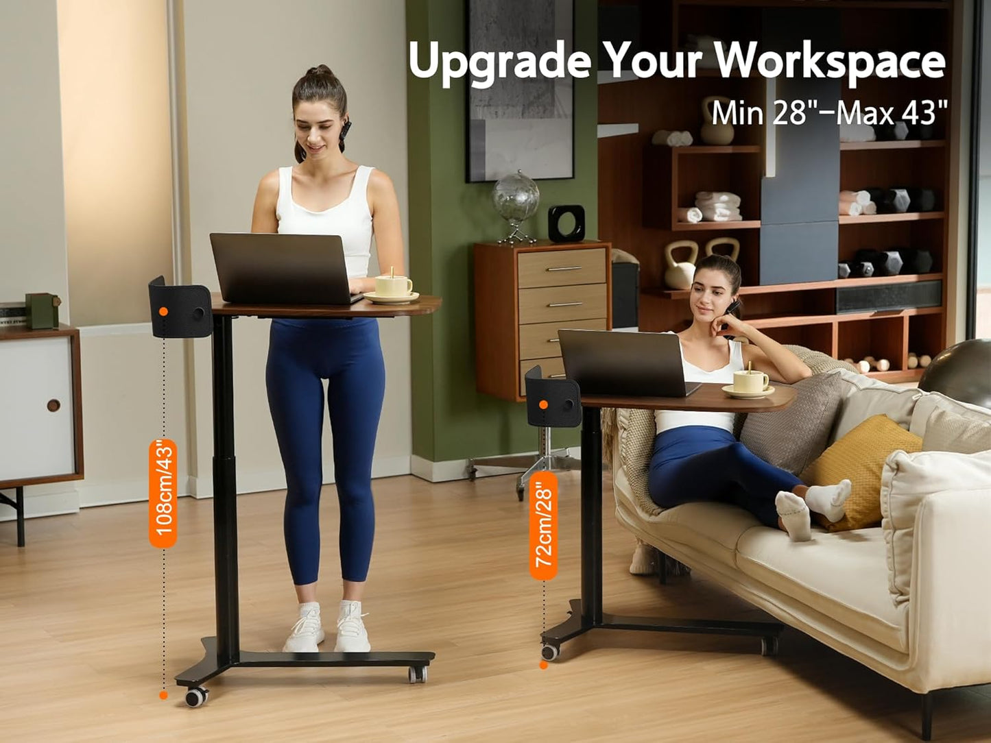 Pneumatic Mobile Standing Desk with Drawer, 28"-43" Height Adjustable, Rolling Desk with Leather Fence & 360° Wheels, for Home/Office (Left/Right Convertible), Dark Walnut