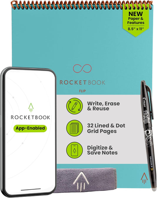 Rocketbook Flip Reusable Smart Notepad, Top Bound Notebook Letter Size 8.5x11, Teal - Lined and Dotted Pages, App-Connected, Erasable, Ideal for Righties and Lefties